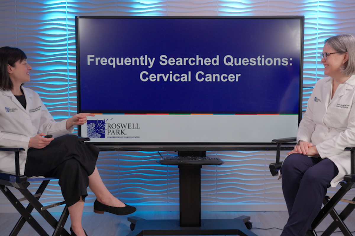 Dr. Katherine Mager and Dr. Karen McLean smile together while answering questions for the most frequently searched questions for cervical cancer