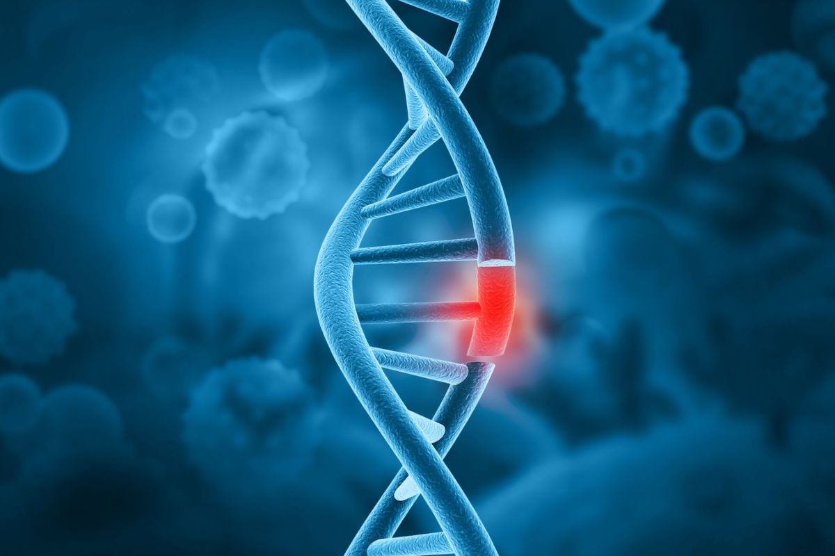 Blue DNA stand highlighting a gene mutation in red