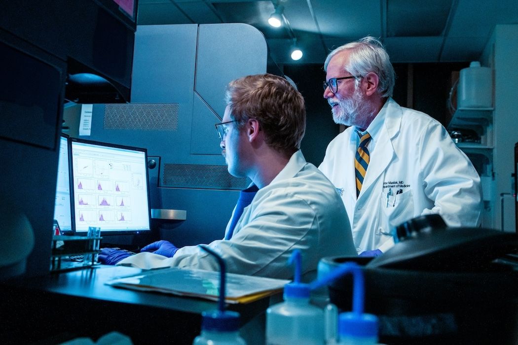 Men looking at data modeling on a computer